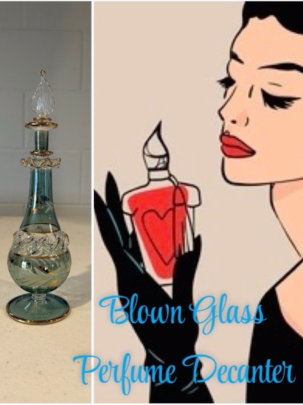 Handmade Blown Glass Perfume Decanter - Tourquoise and Gold